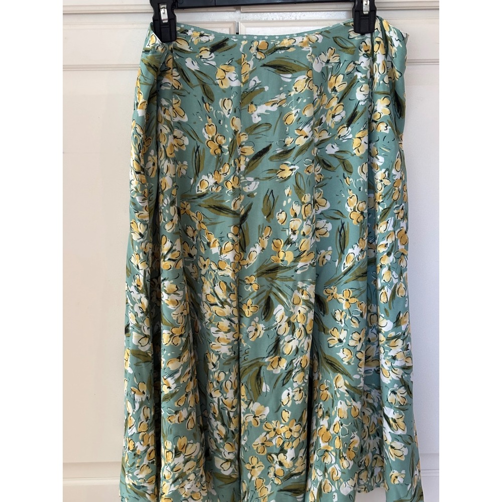 Reversible Floral and Polka Dot Midi Skirt Sage Green Yellow A-Line Side Zip